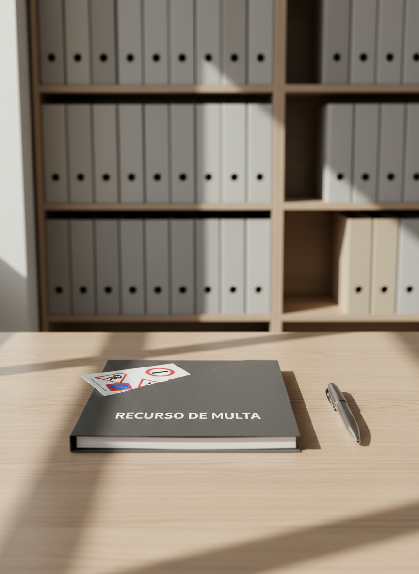 A neatly organized desktop in a modern law office, featuring a closed, dark gray legal folder labeled “Recurso de Multa” in crisp white lettering, resting on a smooth, light oak surface. Beside it, a silver pen aligns perfectly with the table edge and a minimalist traffic sign booklet lies partially visible. Soft daylight enters from an unseen window, casting gentle, linear shadows that emphasize clean lines and a structured layout. The background fades into a slightly blurred view of neutral-toned shelves with carefully arranged binders. Captured at eye level with a balanced, centered composition and sharp focus, the photographic realism and corporate aesthetic convey professionalism, clarity, and trust for a traffic fine appeal service website.